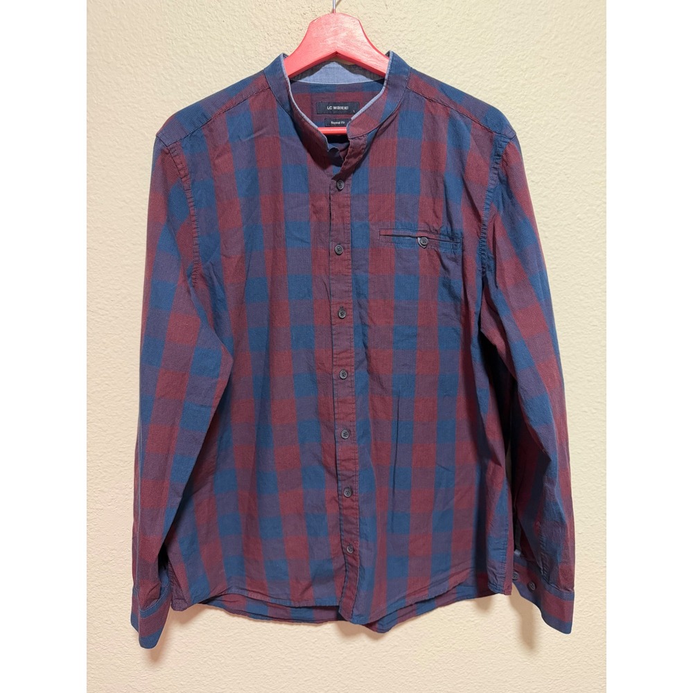 LC Waikiki Mens Mandarin Collar Buffalo Check Button Down Shirt Red Blue Large